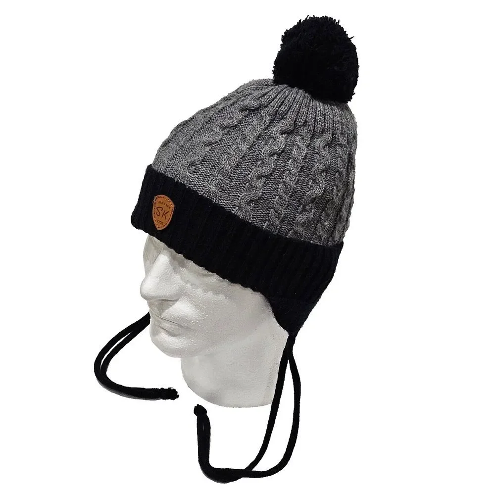 Somaler‎ Kids SK Beanie Toque (Strings & Pom Pom) Gray Black One Size Fits Most